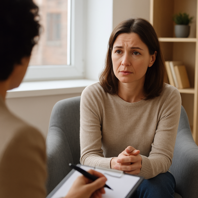 Žena na psihoterapiji razgovara s terapeutom i traži podršku za mentalno zdravlje