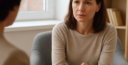 Žena na psihoterapiji razgovara s terapeutom i traži podršku za mentalno zdravlje