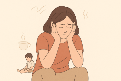 Ilustracija umorne mame koja se drži za lice, simbol emocionalnog i fizičkog iscrpljenja