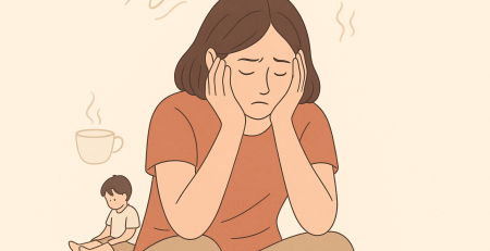 Ilustracija umorne mame koja se drži za lice, simbol emocionalnog i fizičkog iscrpljenja