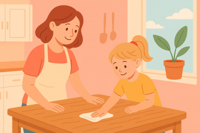 Dijete pomaže roditelju u kućnim aktivnostima – majka i kći brišu stol u toploj obiteljskoj kuhinji, ilustracija za članak o uključivanju djece u kućne poslove.
